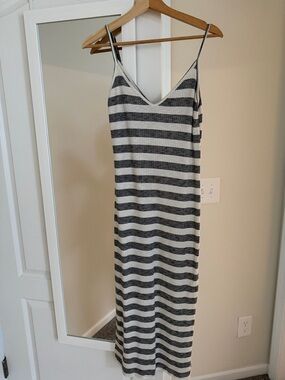 Bershka Black & White Striped V-Neck Midi Dress